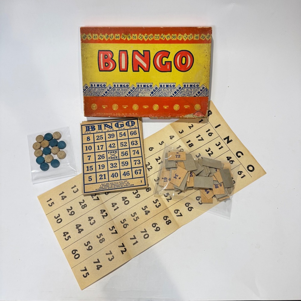 Antique J Pressman & Co Bingo Game Wood Markers Cards Original Box c1930s